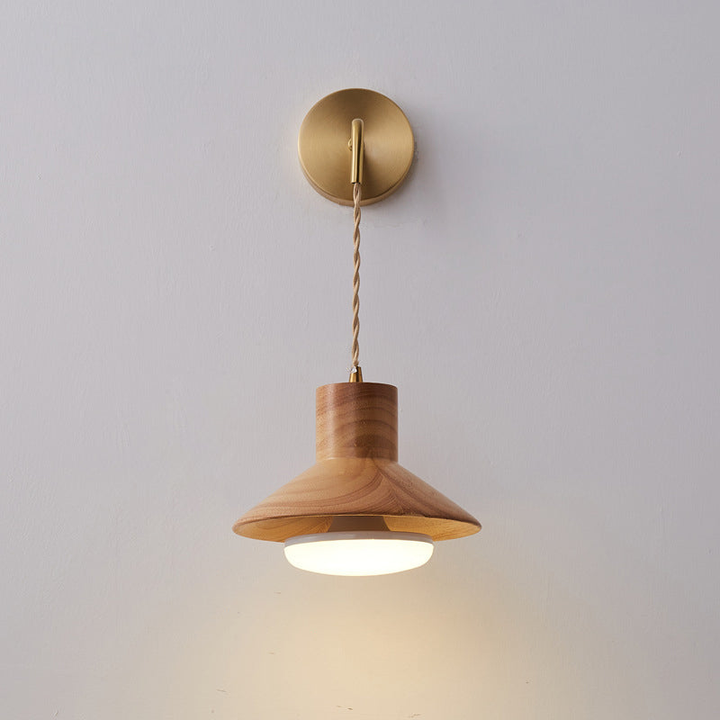Applique Murale Traditionnelle Japonaise en Bois Rond avec Verre Cuivre 1 Lumière Pour Salon 