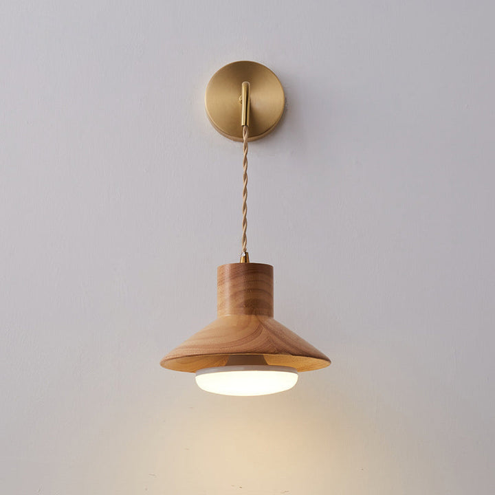 Applique Murale Traditionnelle Japonaise en Bois Rond avec Verre Cuivre 1 Lumière Pour Salon 
