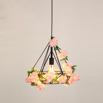 Luz colgante de 1 luz con hoja de sakura de diamante de vegetación simulada de cuerda de cáñamo de hierro retro contemporáneo para comedor 