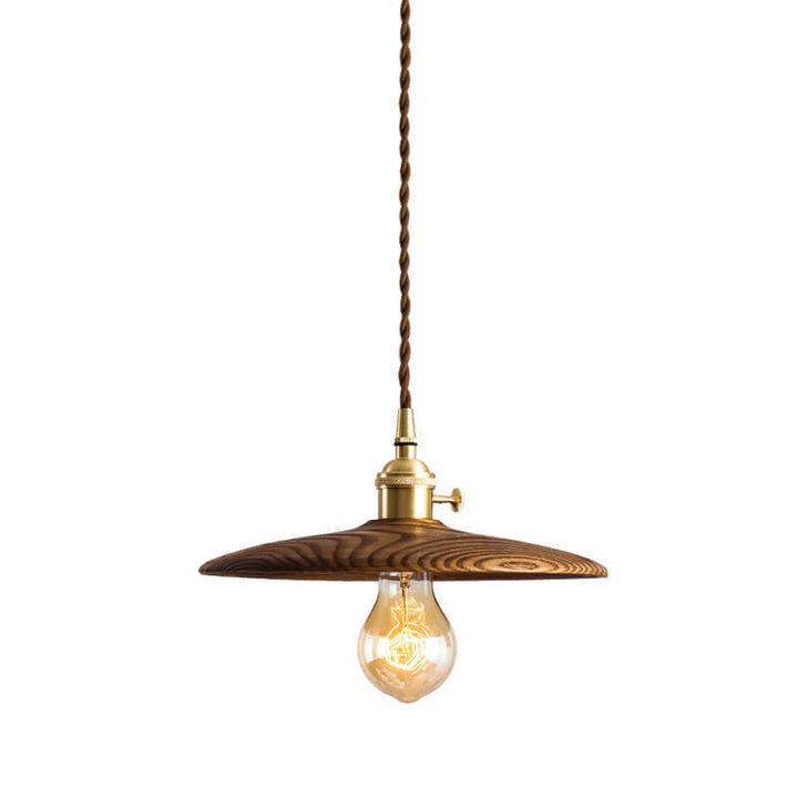 Contemporary Retro Ash Wood Copper Round Dish Irregular Grain 1-Light Pendant Light For Dining Room