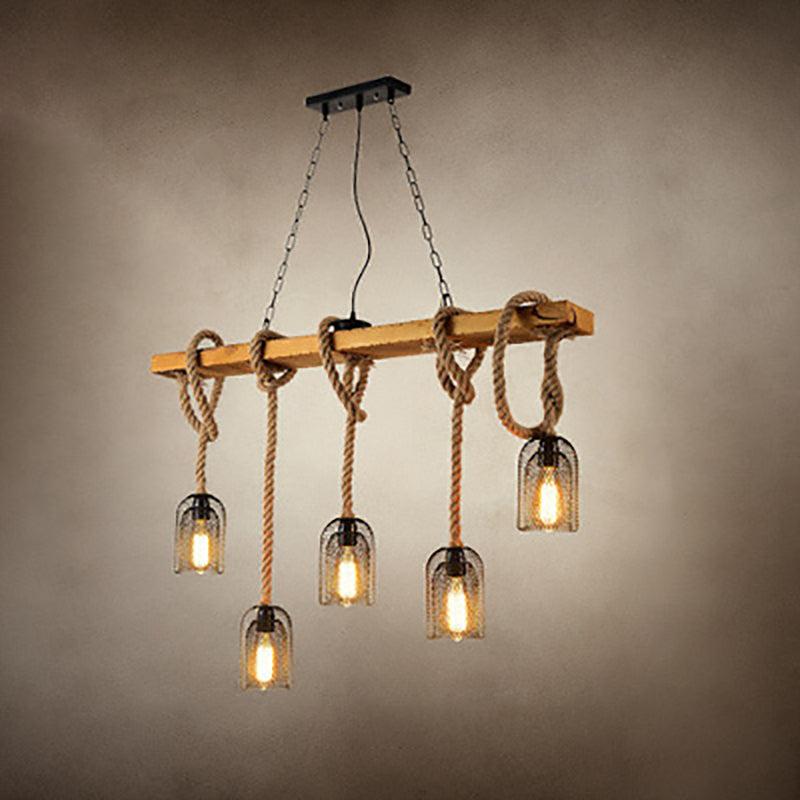 Chandelier de salle à manger à 5 lumières avec abat-jour en cage de fer et poutres en bois rustiques traditionnelles 