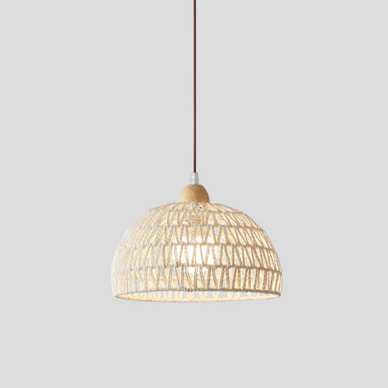 Contemporary Boho Rubberwood Faux Rattan Weaving Dome 1-Light Pendant Light For Dining Room