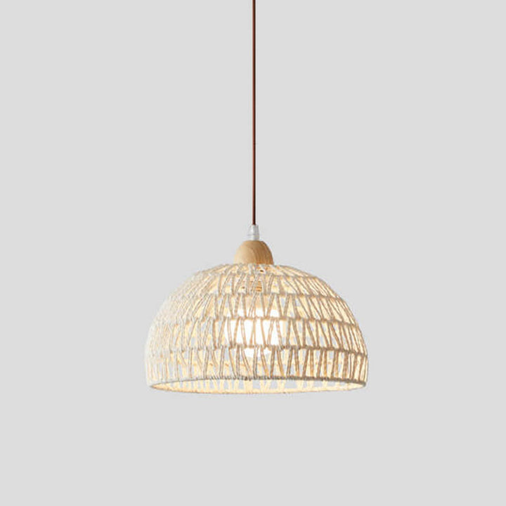 Contemporary Boho Rubberwood Faux Rattan Weaving Dome 1-Light Pendant Light For Dining Room