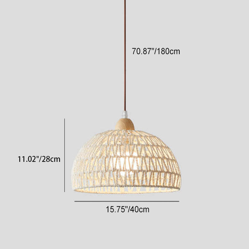 Contemporary Boho Rubberwood Faux Rattan Weaving Dome 1-Light Pendant Light For Dining Room