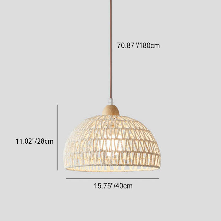 Contemporary Boho Rubberwood Faux Rattan Weaving Dome 1-Light Pendant Light For Dining Room