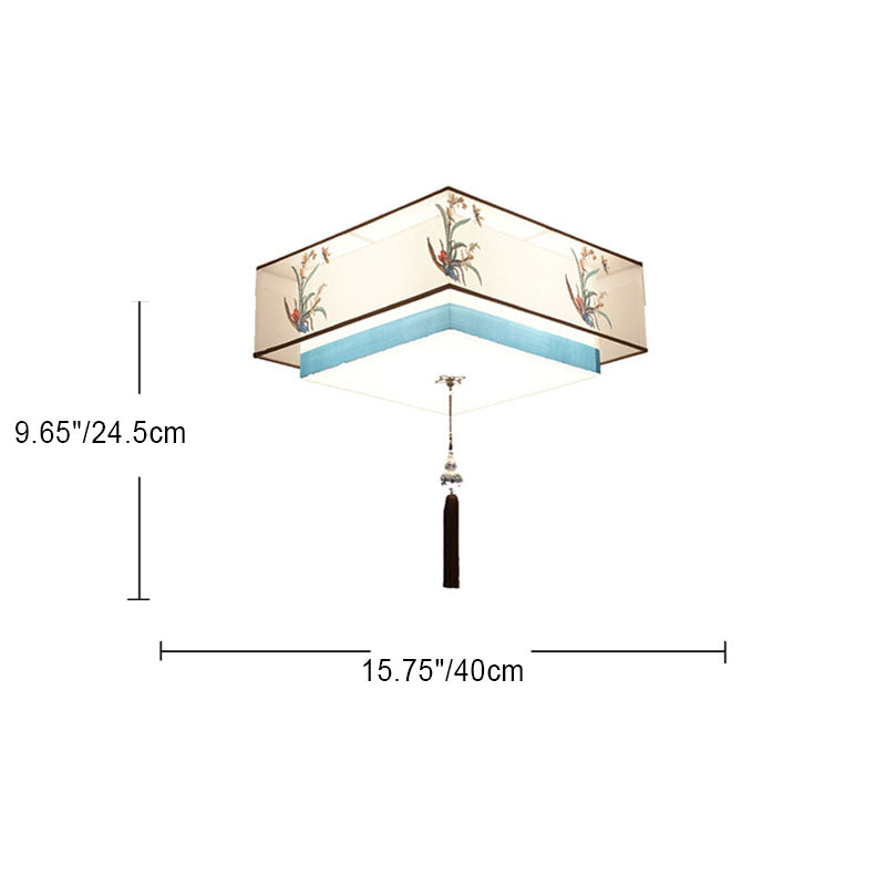 Pantalla de tela bordada de hierro chino tradicional de 4 luces para techo empotrado para dormitorio 