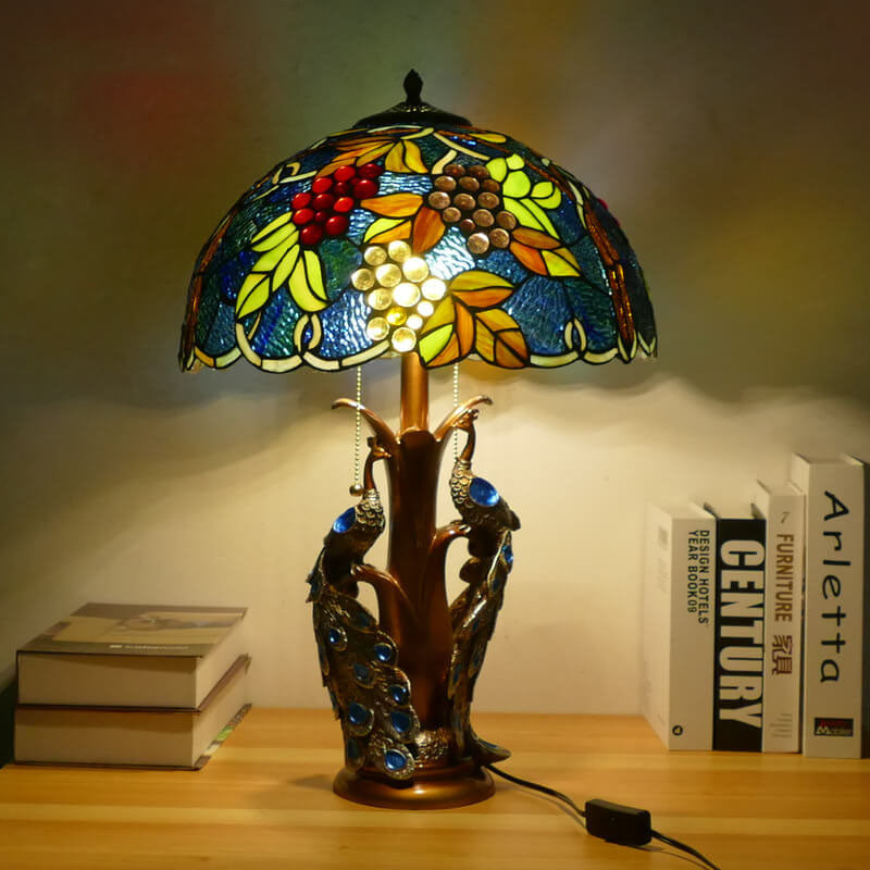 Vintage Tiffany Stained Glass Dome Peacock Base 2-Light Table Lamp