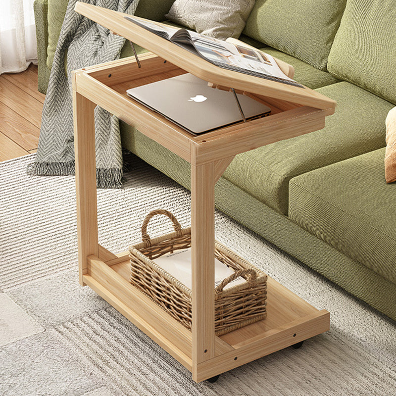 Traditional Vintage Square MDF Rubberwood Flip-top Side Table 2-Tier Storage Shelves For Living Room