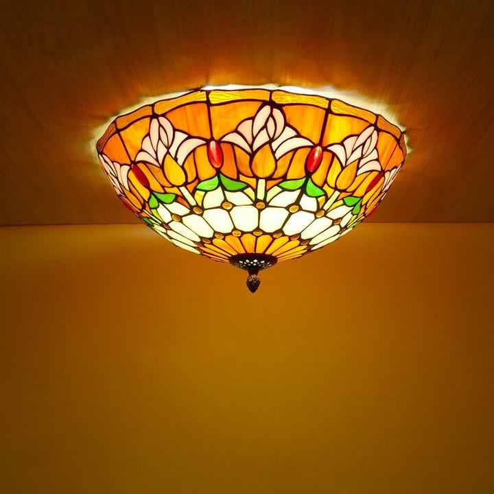 Plafonnier en verre teinté Tiffany Tulip traditionnel à dôme en fer 2/3 lumières pour salon 