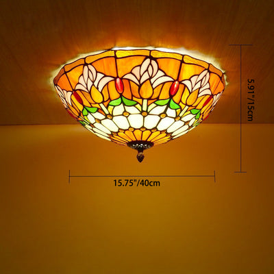 ضوء سقف مثبت بتصميم قبة حديدية بتصميم تيفاني التقليدي مع زجاج ملون على شكل زهور التوليب بمصابيح 2/3 لغرفة المعيشة 