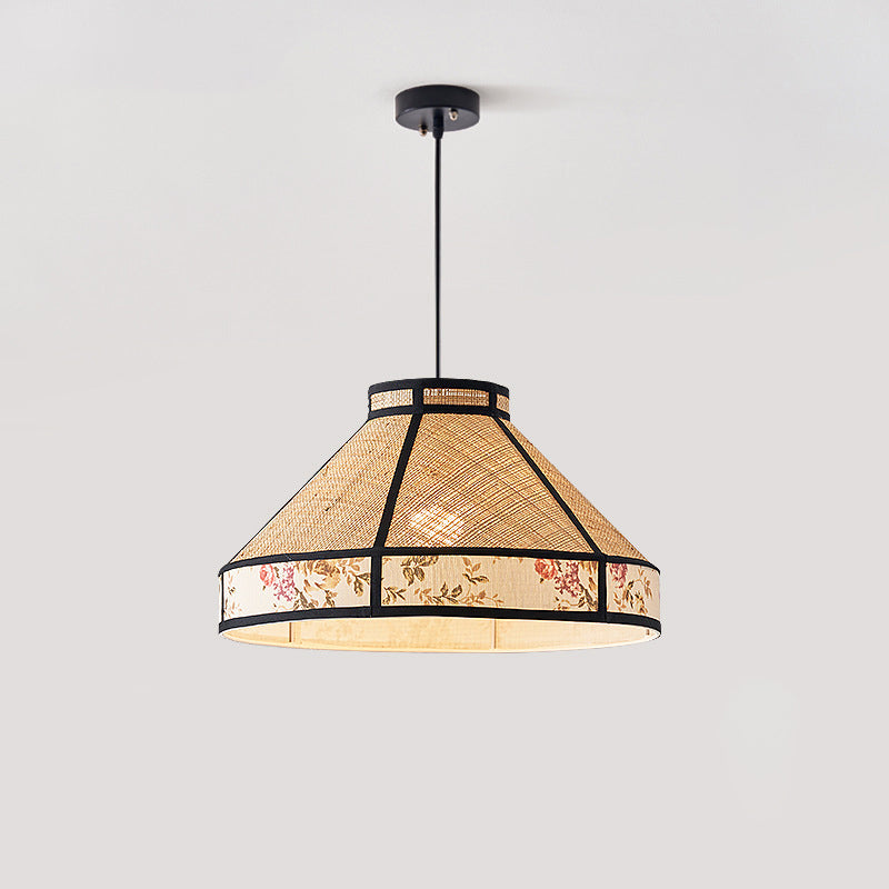Zeitgenössische Vintage Runde Kegel Bast Hardware 1-Licht Pendelleuchte für Wohnzimmer 
