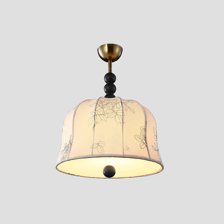 Lámpara colgante de 1 luz de tela floral redonda romántica francesa tradicional de madera y metal para dormitorio 
