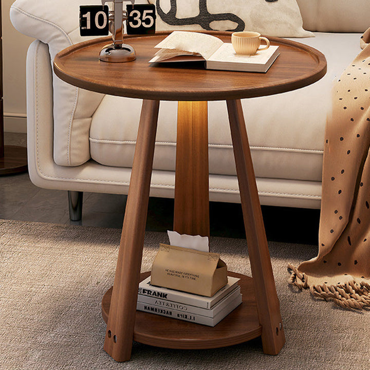 Modern Minimalist Round Tripod Rubberwood Coffee Table 2-Tier For Living Room
