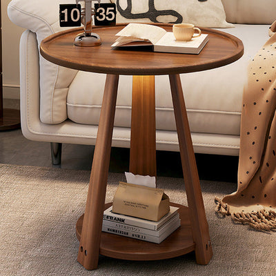 Mesa de Café de Madera Minimalista Moderna con Trípode Redondo de 2 Niveles para Sala de Estar 