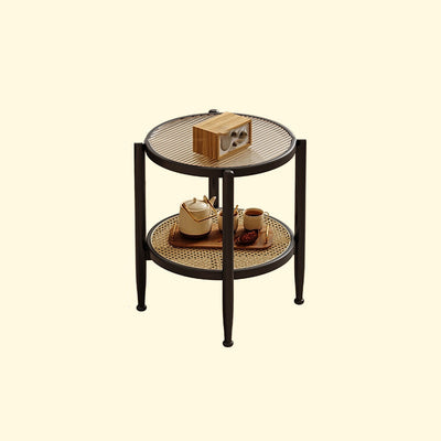 Traditioneller japanischer runder Glastisch aus Rattan und massivem Holz mit 2 Ebenen für das Wohnzimmer 