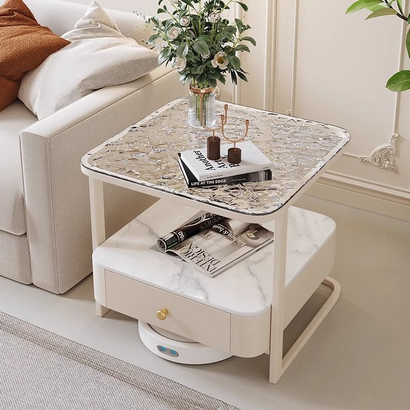 Mesa auxiliar contemporánea nórdica cuadrada de vidrio, metal y madera de 2 niveles para sala de estar 