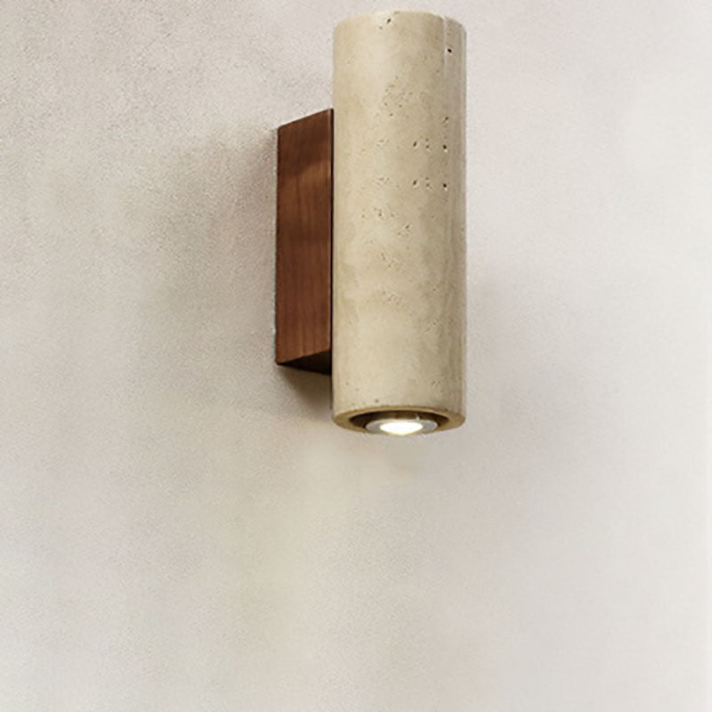 Japanischer Wabi-Sabi Runder Quadrat Gelber Travertin Gummi Holz 1-Licht Spotlight Wandleuchte 