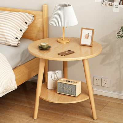 Table basse en bois moderne minimaliste avec plateau rond et base triangulaire à deux niveaux pour salon 