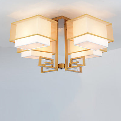 Modern Chinese Fabric Square Geometric Hardware 4-Light Semi-Flush Mount Ceiling Light