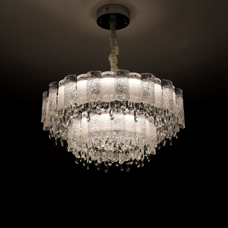 Traditionelle französische runde Ripple-Metallkristallglas-LED-Kronleuchter für Wohnzimmer 