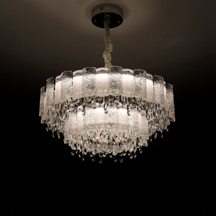 Traditionelle französische runde Ripple-Metallkristallglas-LED-Kronleuchter für Wohnzimmer 