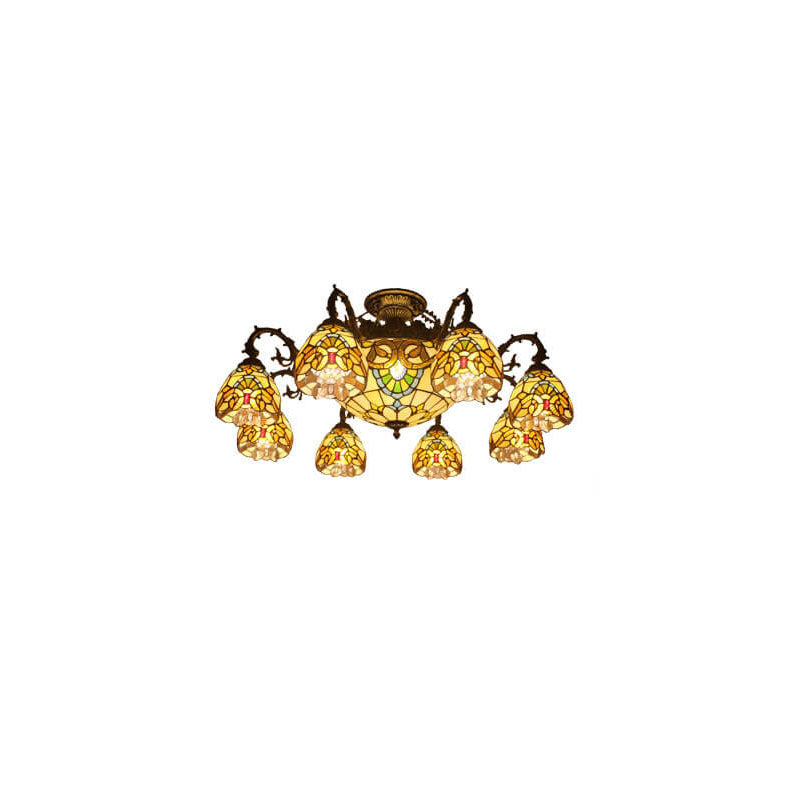 Tiffany Retro Beige Barock Buntglas 11-Licht Semi-Flush Mount Deckenleuchte 