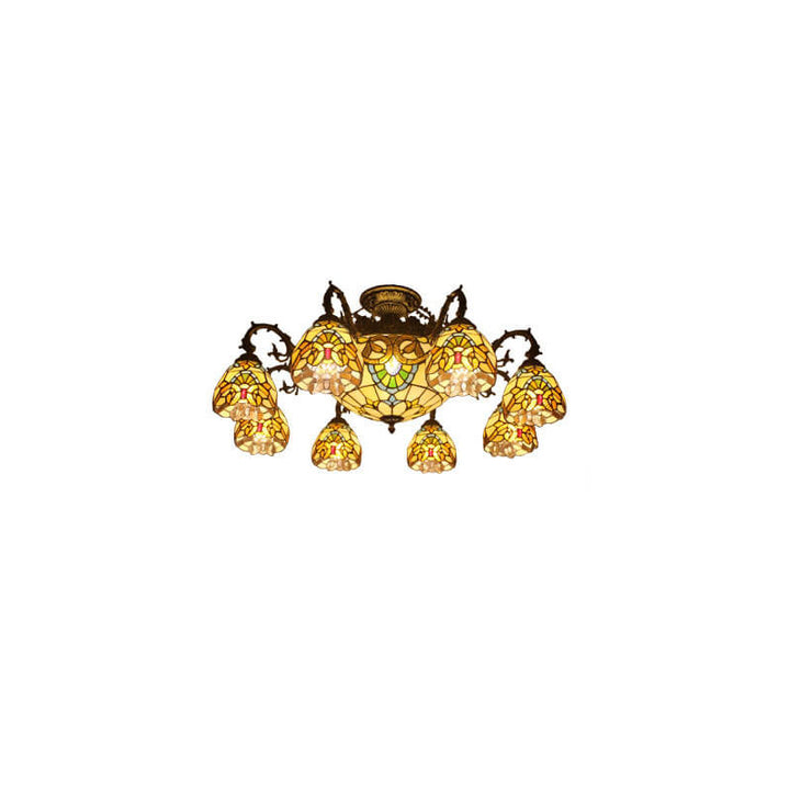 Tiffany Retro Beige Barock Buntglas 11-Licht Semi-Flush Mount Deckenleuchte 