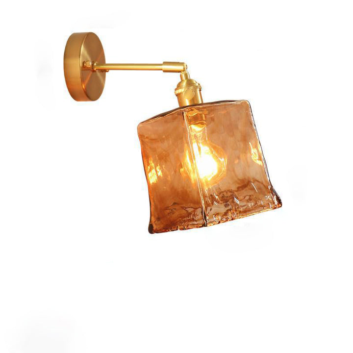Modern Minimalist Eclectic Amber Glass Brass Iron Geometric 1-Light Wall Sconce Lamp For Living Room