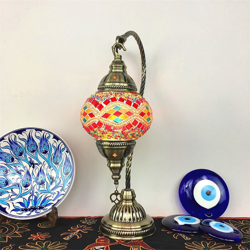 Traditional Vintage Handmade Stained Glass Metal Jar Swan 1-Light Table Lamp for Living Room