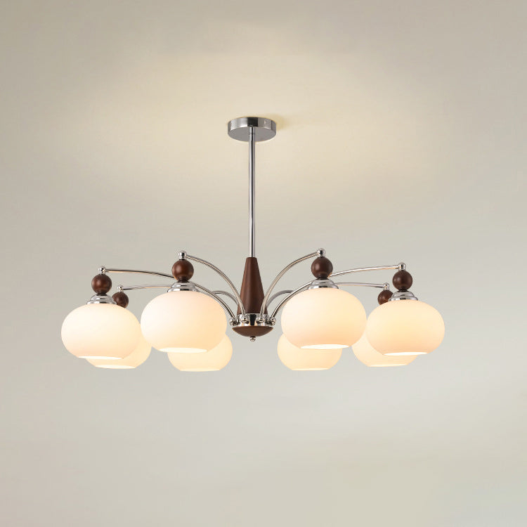 Modern Transitional Glass Round Shade Wood Branch 3/5/6/8 Light Chandelier For Living Room