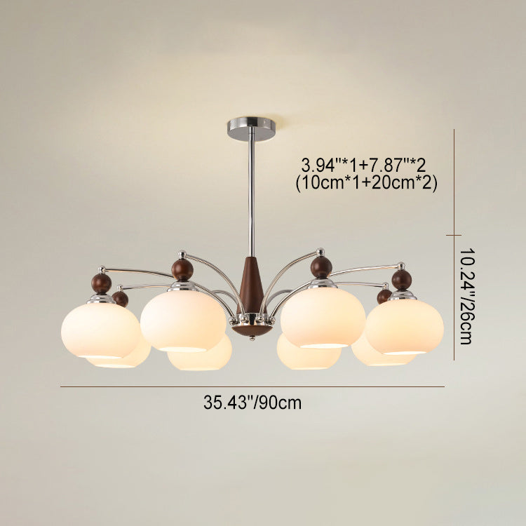 Modern Transitional Glass Round Shade Solid Wood Branch 3/5/6/8 Light Chandelier For Living Room