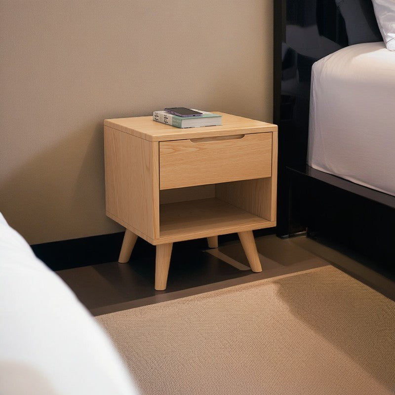 Mesita de noche moderna de simplicidad cuadrada cúbica rectangular de madera de caucho con 1/2 cajón para al lado de la cama 