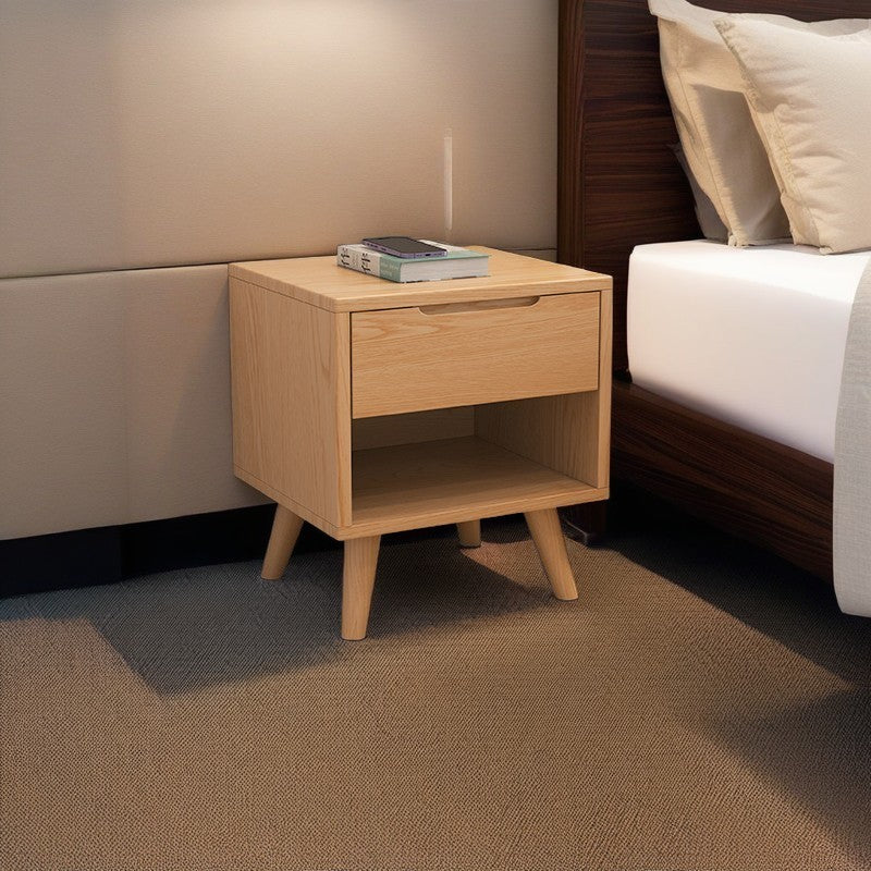 Mesita de noche moderna de simplicidad cuadrada cúbica rectangular de madera de caucho con 1/2 cajón para al lado de la cama 