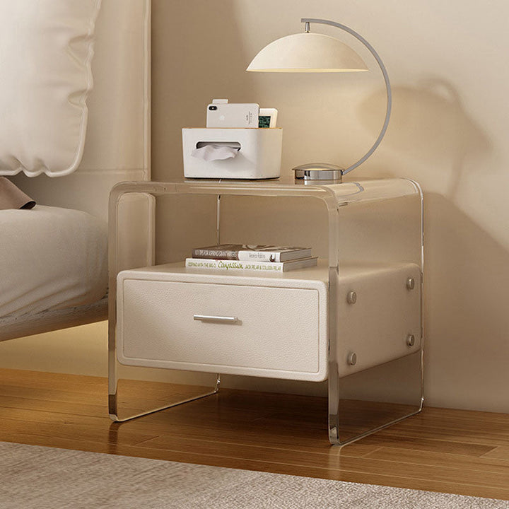 Modern Minimalist Cubic Rectangular Acrylic Pine Wood Microfiber Leather Nightstand 1-Drawer For Bedside