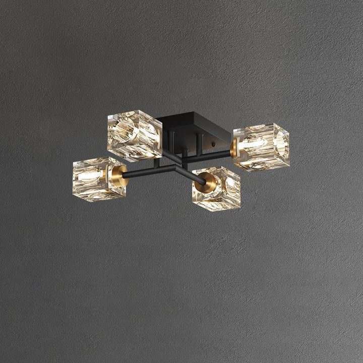 Luminaire de plafond semi-encastré contemporain de luxe branche rectangulaire en cuivre massif avec cristal 4/6/8 lumières pour salon 