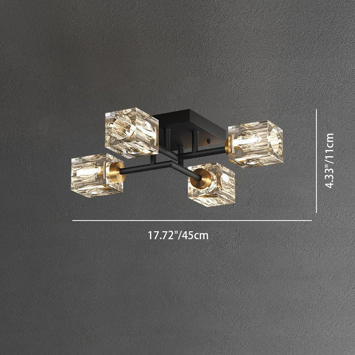 Luminaire de plafond semi-encastré contemporain de luxe branche rectangulaire en cuivre massif avec cristal 4/6/8 lumières pour salon 
