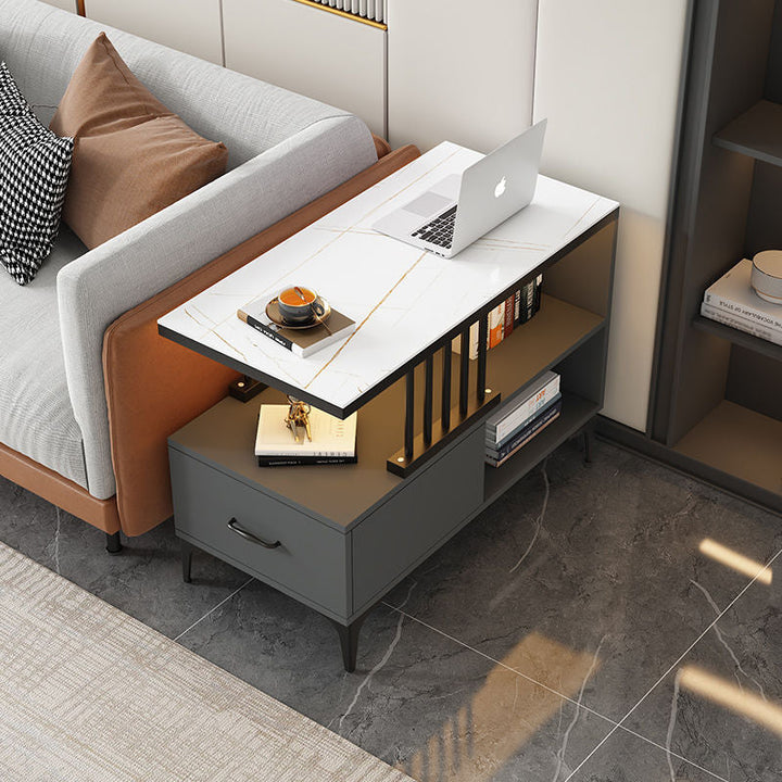 Rechteckiger Beistelltisch im zeitgenössisch-schlichten Design mit Glasplatte, 2-stufigem MDF-Schrank für das Wohnzimmer 