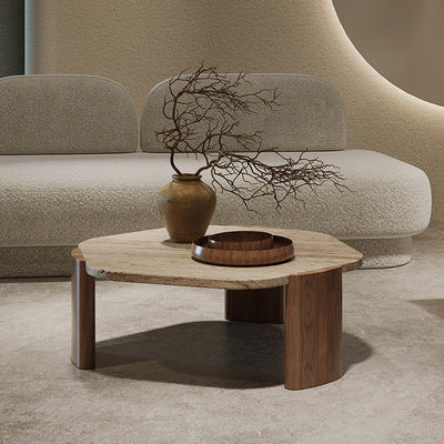 Mesa de centro contemporánea nórdica hexagonal de travertino con 3 patas de madera para sala de estar 