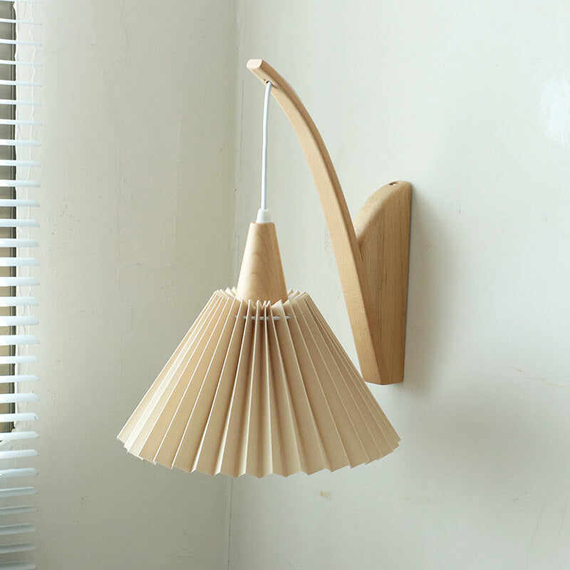 Japanese Minimalist Solid Wood Pleated Fabric Umbrella Shade 1-Light Wall Sconce Lamp