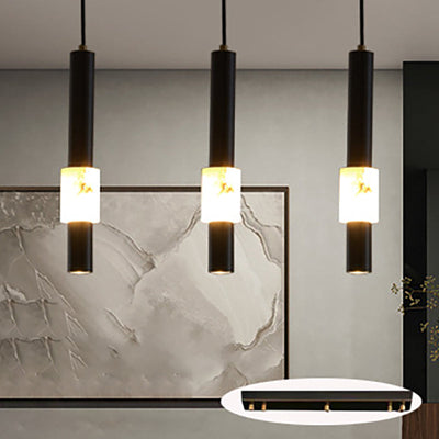 Lustre LED contemporain de luxe en cuivre à bande longue avec abat-jour en marbre pour salon 