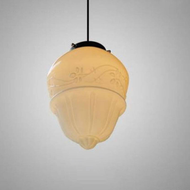 European Vintage White Glass Geometric Jar 1-Light Pendant Light