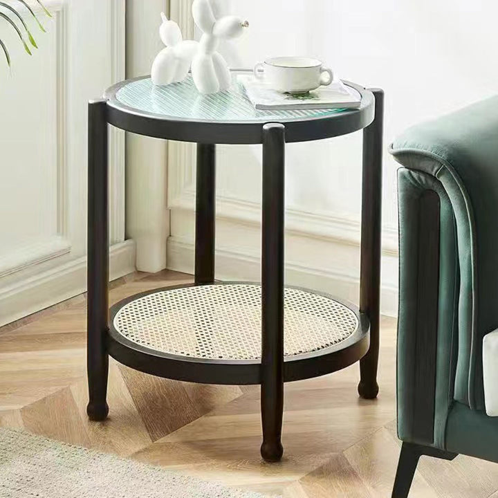 Table basse ronde minimaliste moderne en hévéa avec plateau en verre et faux rotin, à 2 niveaux, pour salon 