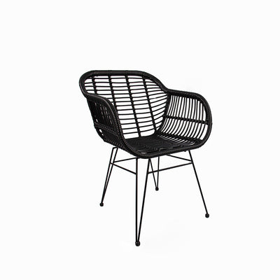Chaise à dossier et accoudoirs en rotin tissé traditionnel avec base en fer pour terrasse extérieure 
