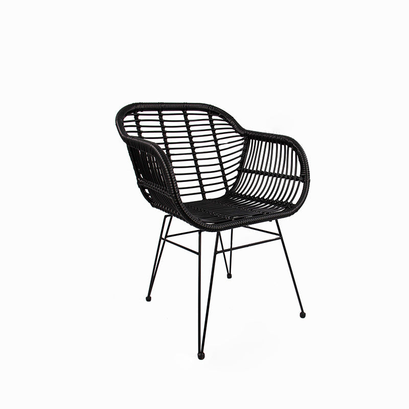 Chaise à dossier et accoudoirs en rotin tissé traditionnel avec base en fer pour terrasse extérieure 