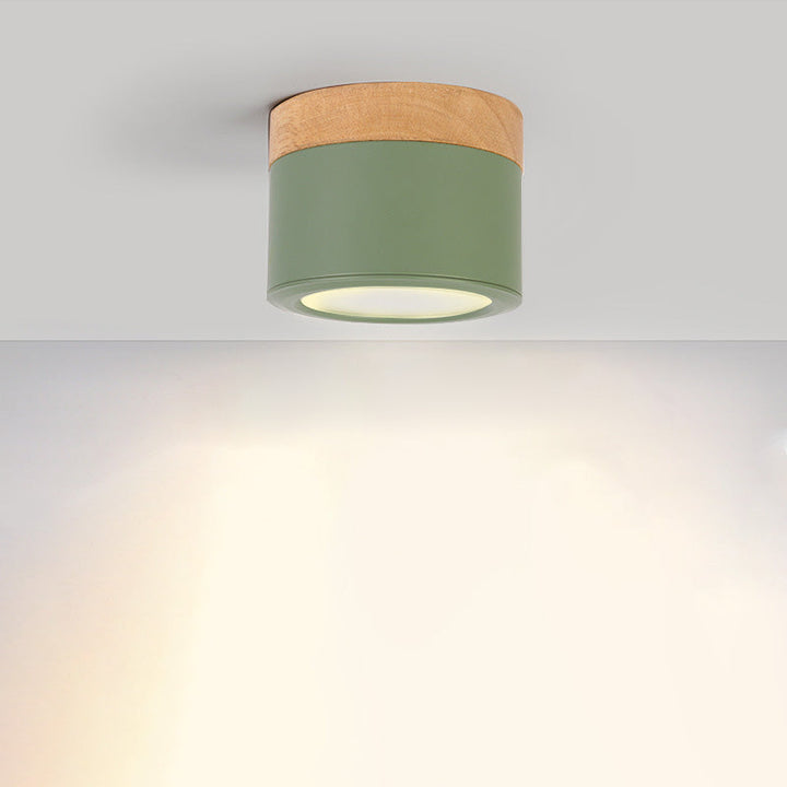 Luz de techo LED de montaje empotrado de cilindro de madera, hierro y acrílico escandinavo contemporáneo para pasillo 