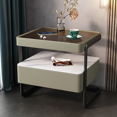 Table de nuit moderne minimaliste rectangulaire en verre trempé avec serrure et 1 tiroir pour chambre 