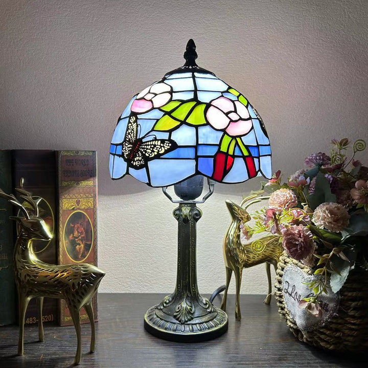 Traditional Tiffany Alloy Glass Dome Flower 1-Light Table Lamp For Bedside
