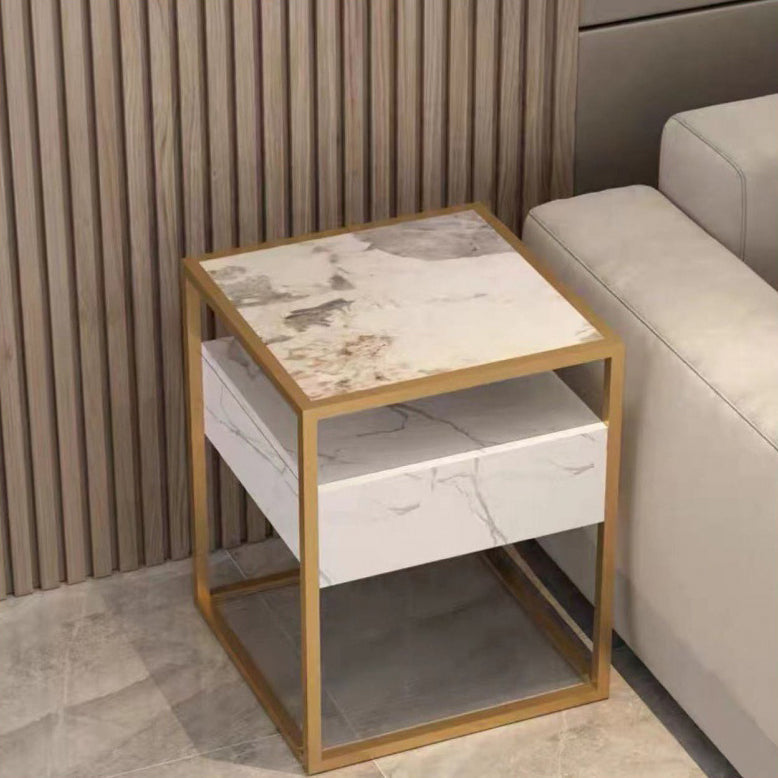 Table de chevet contemporaine scandinave carrée en verre, bois massif, fer et dalle de roche avec 1 tiroir pour chambre 