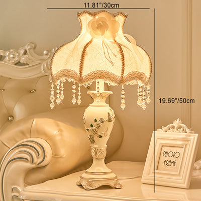 Lámpara de Mesa de 1 Luz con Base de Resina y Pantalla de Tela Tradicional Europea para Dormitorio 