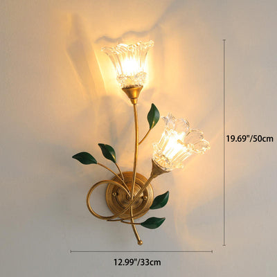 Traditional European Iron Crystal Glass Flower Leave 2-Light Wall Sconce Lamp For Living Room
